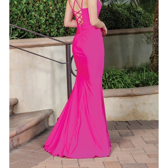 New Sheath Ruched Solid Bridesmaid Dress w/ Lace Up Back & Leg Slit DQ 4283 - Picture 6 of 9